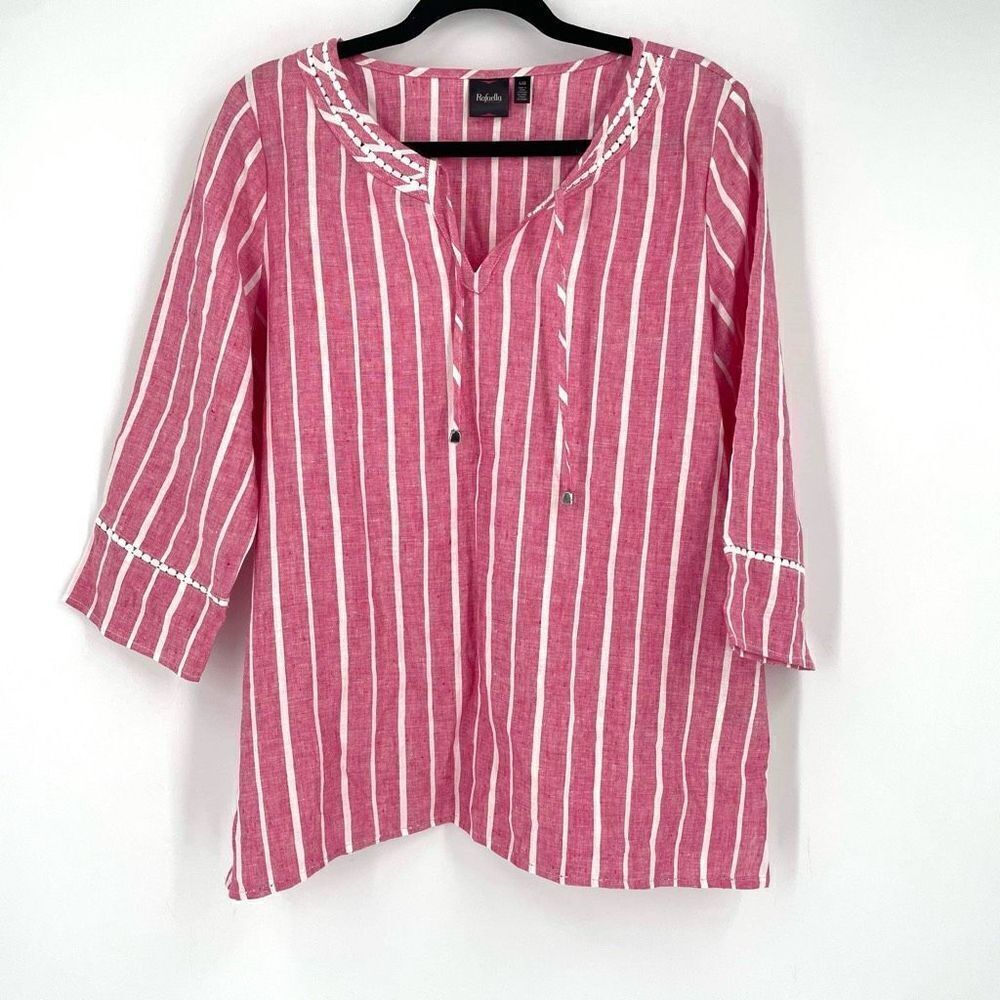 Rafaella Linen Striped lace Tie Top Pink White Large nautical July 4 coastal EUC